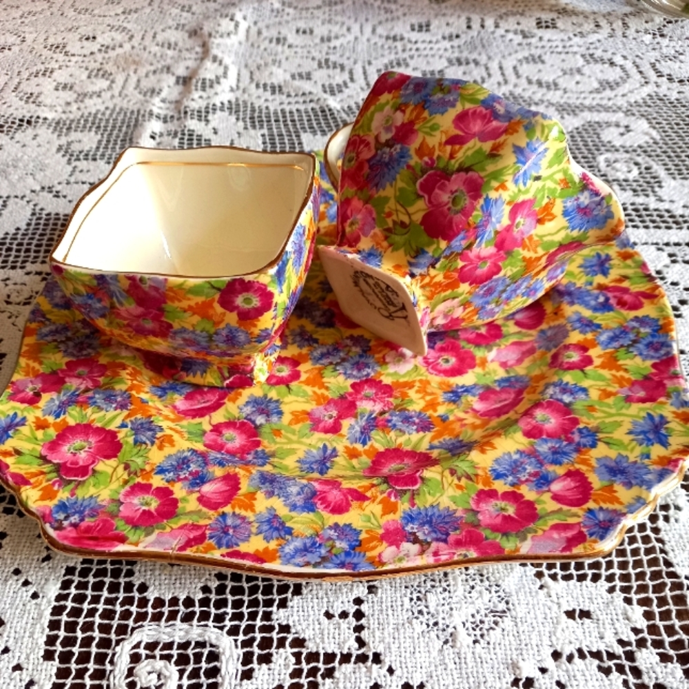 Vintage Royal Winton Floral Chintz creamer, open sugar bowl set and plate